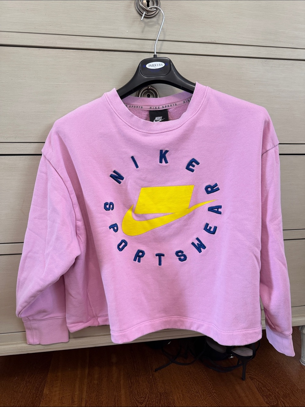 Nike Pink Crewneck Sweatshirt with Yellow Swoosh and Navy Lettering